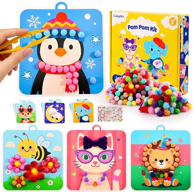 Caydo Pom Poms Art & Crafts Kit for Kids Ages 3 4 5 6 | Easy Toddler Sensory Activity Kit, Build Fine Motor Skills & Hand-Eye Coordination, Gift for Girls and Boys