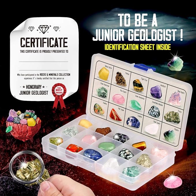 Rock Collection Box, 15 Real Gems & Crystals, STEM Kit 6-12 | Genuine GEmstones Specimens with ID Sheet & Guide, Magnifier for Close-Up Study, Perfect for Home & Classroom Learning