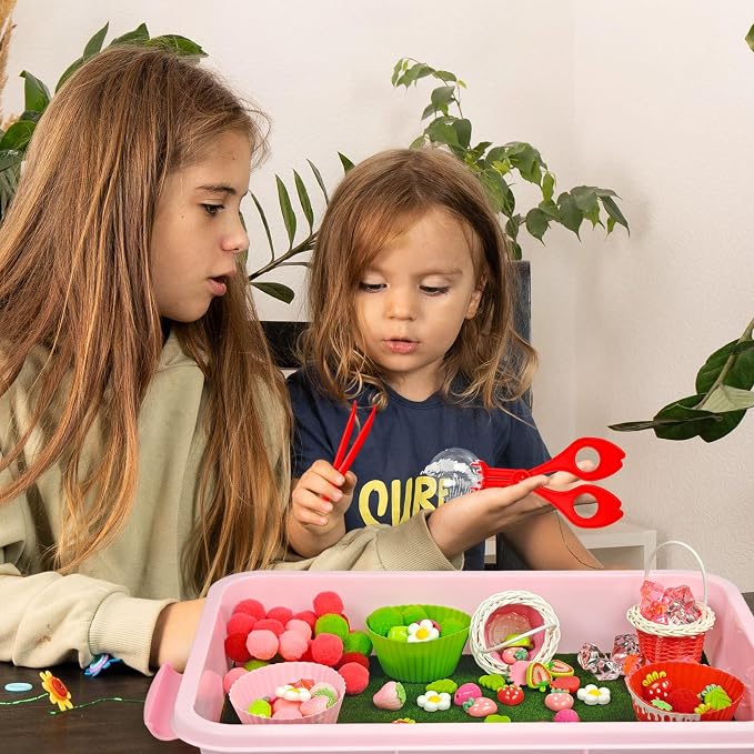 Cinrobiye 192 Pcs Strawberry Theme Activity Fillers Set with Storage Box, Summer Fruit Accessories, Artificial Grass Mat, Flowers, Pompoms & Decorative Materials for Classroom Activities, Home Project