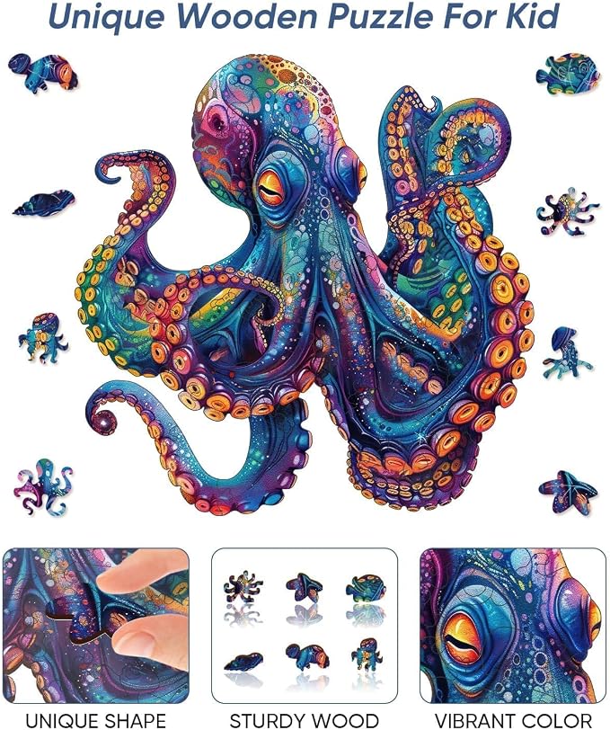 Qiuenisray Wooden Puzzle for Adult, 50 Piece Octopus Puzzle Ages 6-12 | Jigsaw Puzzles for Kid, Beautiful Wood Octopus Puzzle, Gifts for Family Game 6.5x6.5 in Children Gift for Boy Girl Ages 8-12