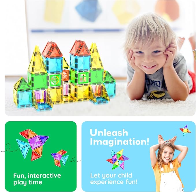 PicassoTiles Magnet Tile Building Blocks 48 Piece Travel Sized Playset with Windows and Clip-on Doors Construction Stacking Magnetic Tiles Block Learning Educational STEM Toy Boys Girls Age 3+ PTM48