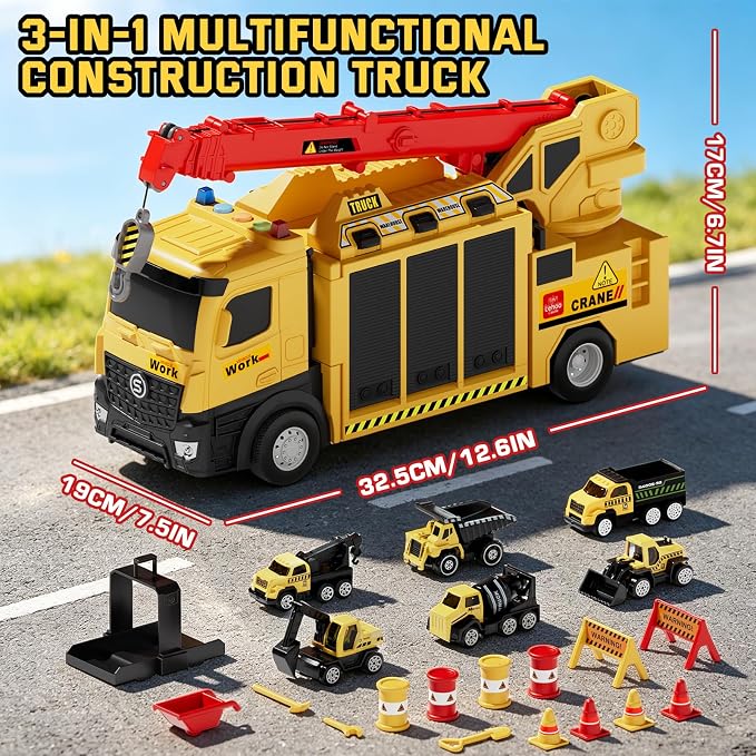 Lehoo Castle Construction Crane Truck Toys for Boys 3 4 5 Year Old | Construction Vehicles, Realistic Light & Sound, Crane Truck Toys, Birthday Gifts for Toddlers 3+