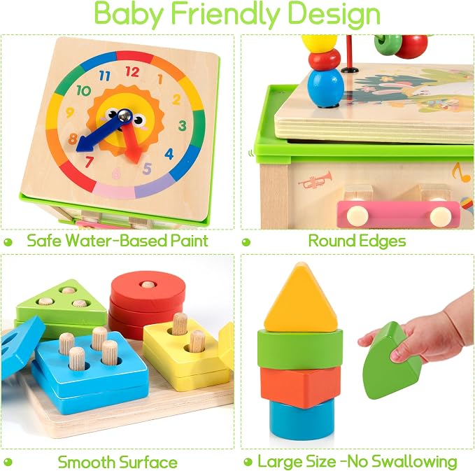 WOODMAM Wooden 7-in-1 Activity Cube, Montessori Toys for 1 2 Year Old | Educational Developmental Toys, One Year Old Boy Girl Birthday Gifts, Bead Maze, Xylophone, Sorting & Stacking Board