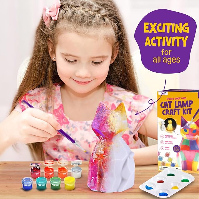 Paint Your Own Cat Lamp Kit, Crafts for Kids Ages 6-12, Gifts for Girls Boy | Cat painting kit with paints and 3D night light; arts and crafts activity, room decor and birthday gifts for kids ages 6-12