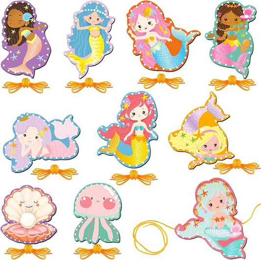 10 Pcs Kids Lacing Cards Double Sided Animal Sewing Cards Kits 10 Styles Lacing Toy Crafts for Toddler Ages 6+ Developing Imagination Preschool Learning Activity Supplies(Mermaid Style)