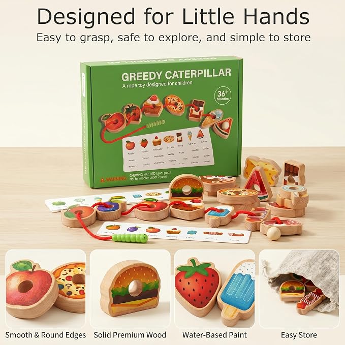 Wooden Caterpillar Lacing Toy, Fine Motor Skills Toy for Toddlers | 18 PCS Fruit Vegetable Food Threading Beads with Pattern Cards, Preschool Learning Gift