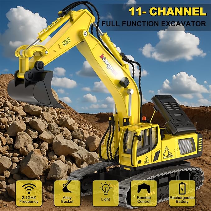 Remote Control Excavator Toy 16 Inch, 11 Channel RC Construction Vehicles Hydraulic Haulers Digger Toys Gift for 6+ Years Old Kids Boys