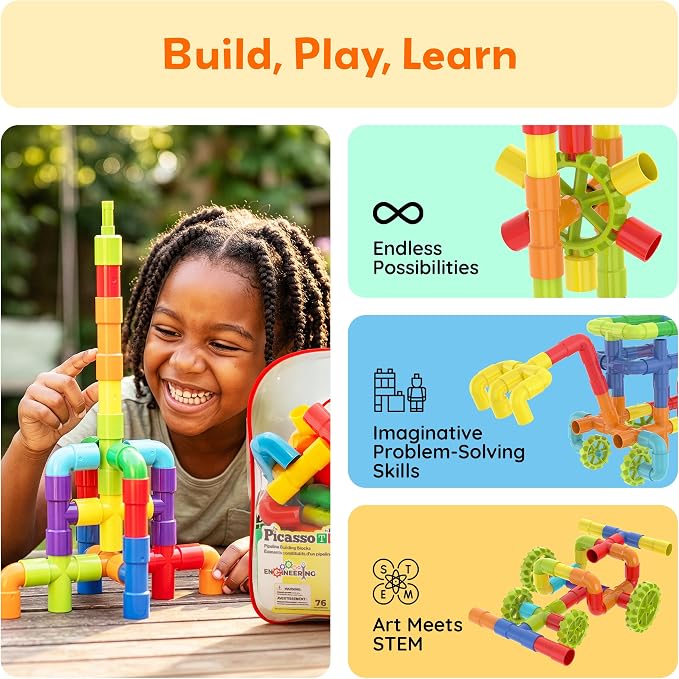 PicassoTiles 76PC STEM Pipe Building Interlocking Tube Construction Toy with Wheels and Storage Backpack Creative Educational Brain Development Learning Blocks for Kids Ages 3+ Boys and Girls PTT138