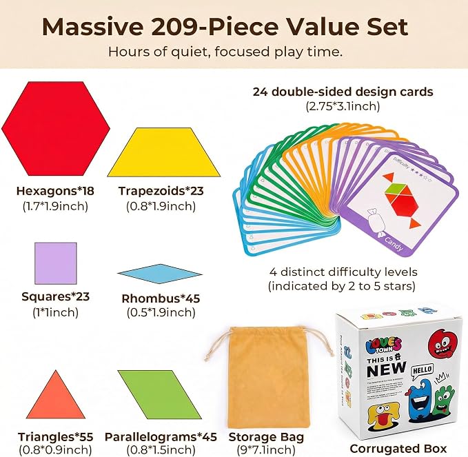 LovesTown 209 PCS Shapes Wooden Pattern Blocks for Kids | Geometric with Activity Cards, Storage Bag, Educational Tangram Puzzles, Great Learning Gift