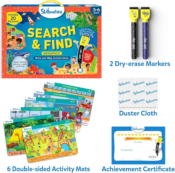 Skillmatics Search and Find Megapack – Reusable Preschool Learning Activity | Write & Wipe Mats, Art & Crafts, Build Vocabulary, Screen-Free, Educational Toy, Gift for Toddlers & Kids Ages 3, 4, 5, 6