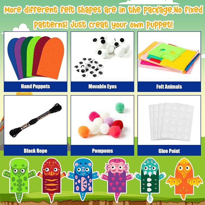 WATINC Hand Puppet Making Kit, Felt Sock Puppet Toys for Kids (Dinosaurs B) | 6 Styles, Make Your Own Storytelling & Role Play Crafts, Creative Group Activity, Party Favors & Gifts for Kids Ages 4-8