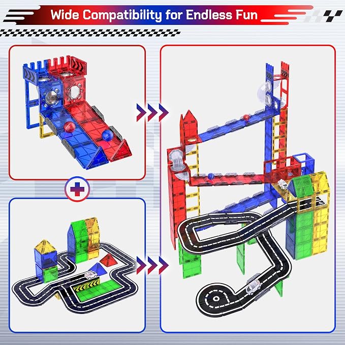 73pcs Magnetic Tiles Marble Run for Kids,STEM Marble Race Track with Rails | Gravity Marble Race,Magnetic Tiles Rail Pack,Preschool Magnetic Tiles for Kids Ages 4-8,Magnet Toy Birthday Gift for Boy