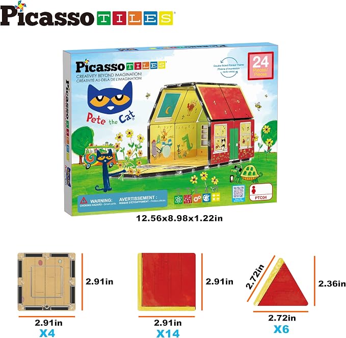 PicassoTiles Magnetic Tiles Pete the Cat Home Theme Building Blocks Double Sided Printing Toddler Magnet Toys Education STEM Learning Kit Construction Brain Development Preschool Kid Game Boy Girl 3+