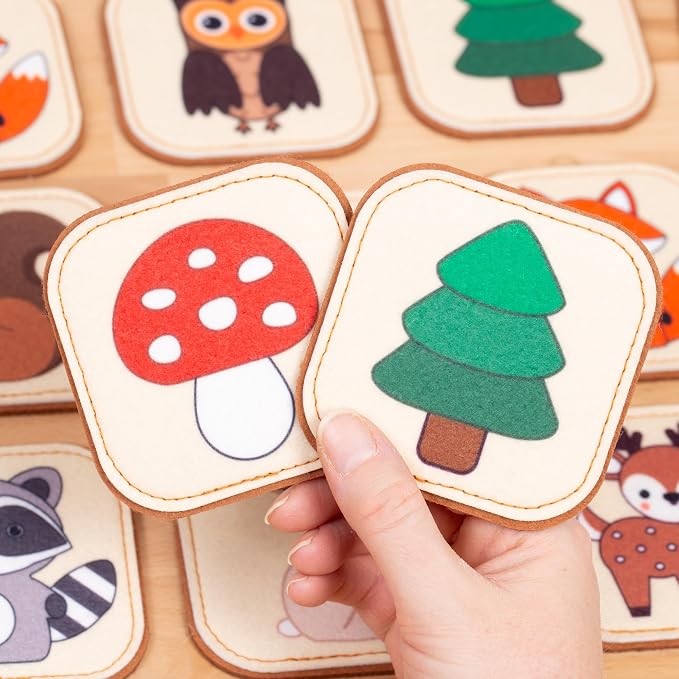 Felt Matching Game for Ages 2–4 – Soft and Safe for Ages 1+ – Montessori Memory Game – Sensory Flash Cards – Best Educational Gift for Ages 1–3 - Woodland Animal Theme
