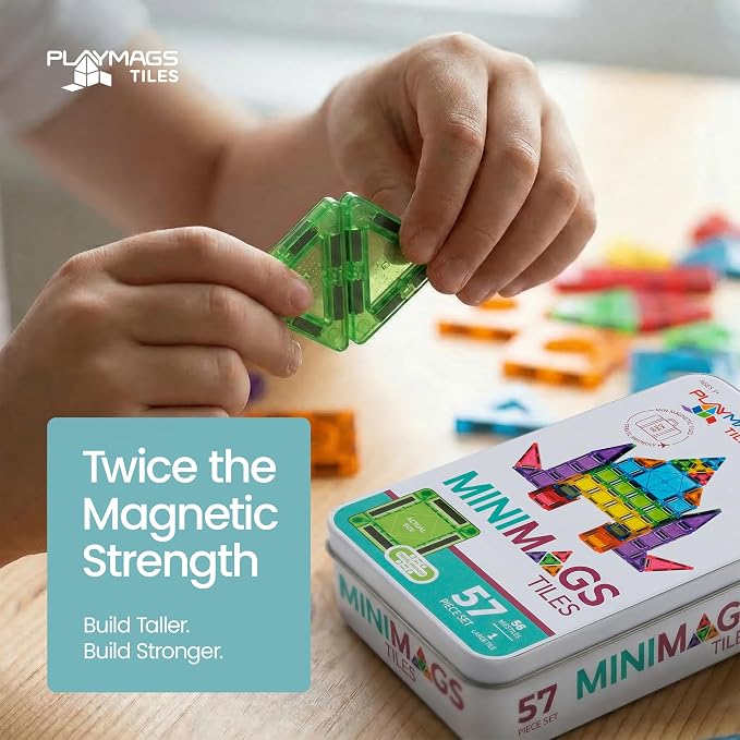 Playmags Mini Magnetic Tiles for Kids 57-Piece Set | Travel Magnetic Blocks | STEM Sensory Educational Toys | Portable Toddler Building Toys | Gift for Boys & Girls Ages 3