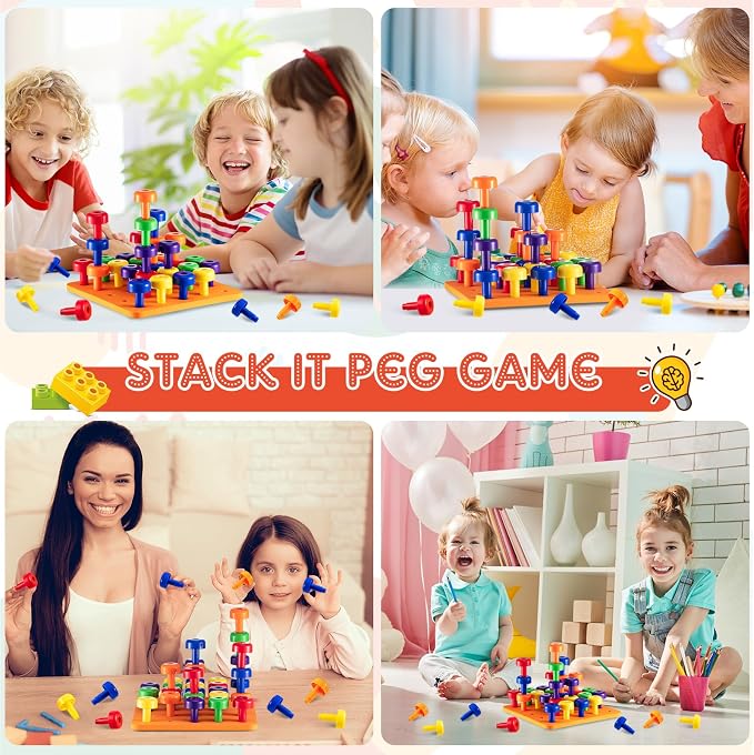 Shappy Toddler Peg Boards Montessori Stacking Toys,Orange | 120 Pcs Pegs with 4 Foam Boards & Storage Bag Kids Fine Motor Skills Educational Toy for Home Preschool