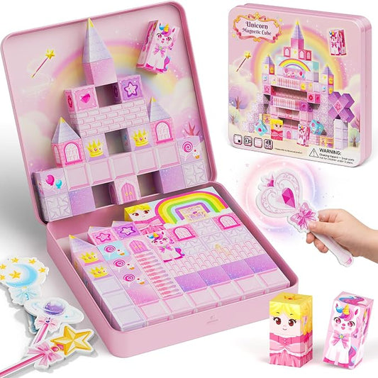 Unicorn Magnetic Blocks Girls: 48 PCS Princess Castle Building Set | Exclusive Cones & Wands, 300+ Build Combos, 60+ Min Quiet Play, Sturdy Tin Box, Travel Toy for Girls Ages 3-8