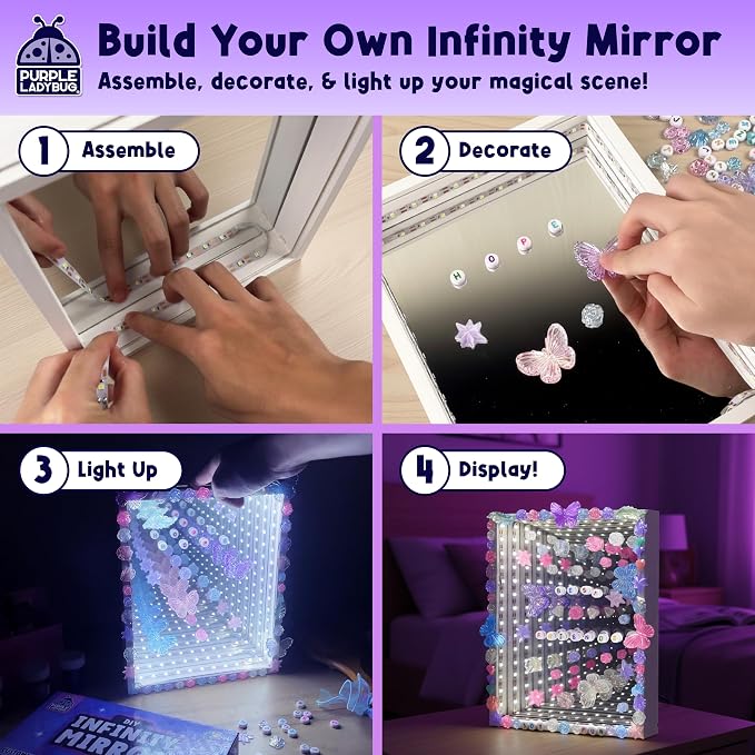 DIY Infinity Mirror Kit, Screen-Free Crafts for Girls Ages 6-12 | Light-Up STEM Crafts with Gems & Assorted Alphabet Beads for Customization, Educational Girls Crafts Ages 6-8