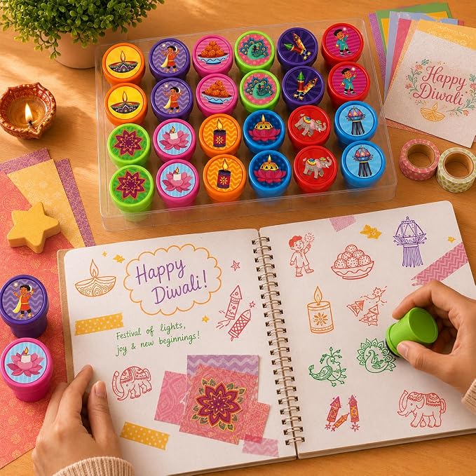 Cinrobiye 24 Pcs Diwali Stampers Party Favor Set, Cute Festival of Lights Stamps for Kids Diwali Celebration, Classroom Rewards, Cultural Party Supplies, Goody Bag Fillers, Holiday Party Favors