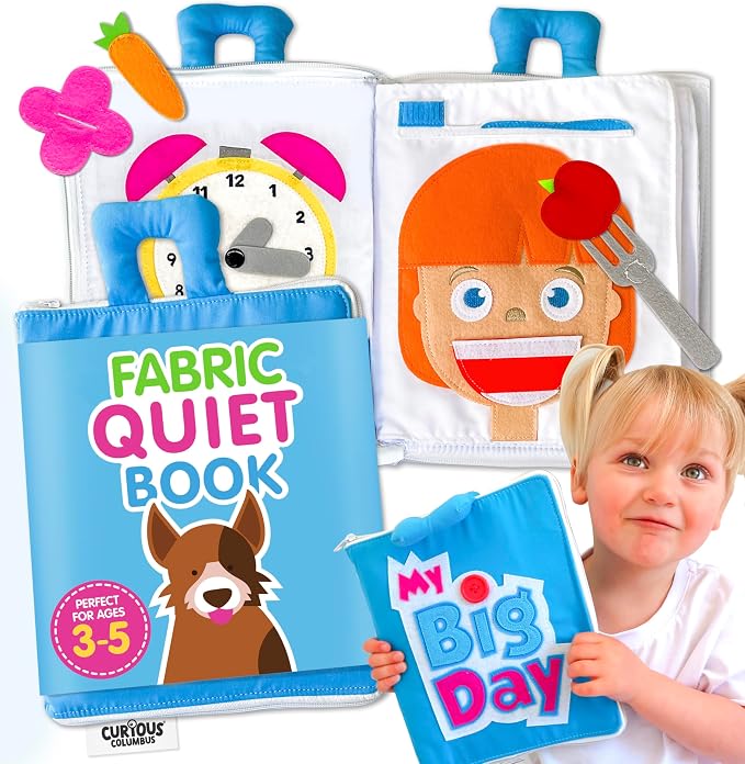 Curious Columbus My Big Day Quiet Book, Fabric Busy Book for Travel (Blue) | 10 Interactive Pages, Color Matching, Counting, Buttons, Zippers, Buckles and Lacing, Book Zips Closed with Carry Handles