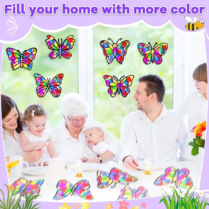 Lonfliness 32 Sets Butterfly Suncatcher Craft Kit DIY VBS Window Stain Glass Effect Paper Butterfly Sunday School Classroom Decors Spring Easter Art Craft Creative Activity Project Kid Gift Favor