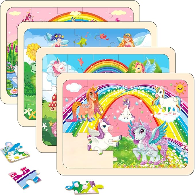 Wooden Jigsaw Puzzles for Kids Ages 4-6, 4-Pack 24-Piece Castle Puzzles Toy | Wood Puzzles Set, Toddler Brain Teaser Toys, Gifts for Boys Girls Ages 3 4 5 6