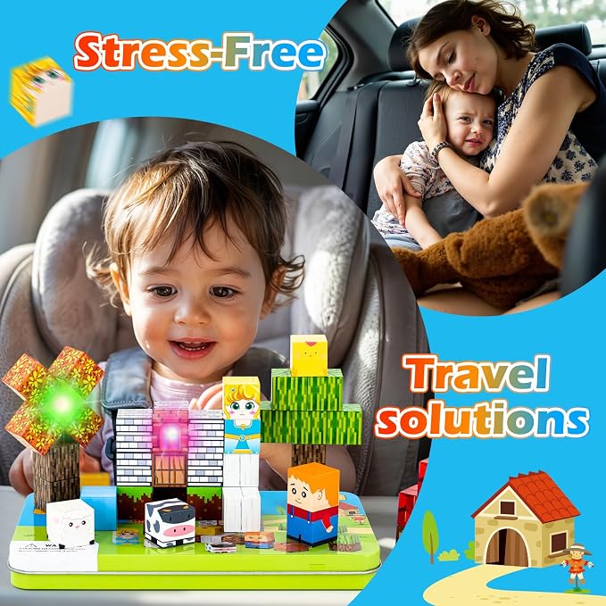 45PCS Magnetic Blocks for Kids with Portable Iron Box Farm Theme | Mini Cubes, Travel Essentials for Airplane, Car, Ride Road Trip, STEM Learning Toy Gift Idea for Toddlers Boys, Girls Ages 3+