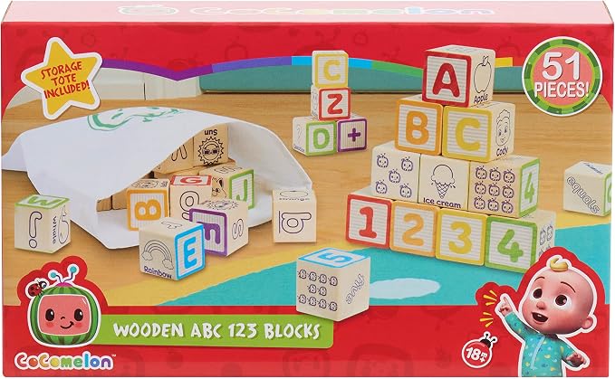 CoComelon 51-piece Classic ABC Wooden Block Set, Preschool Building Toys, Learning and Education, Kids Toys for Ages 18 Month, Amazon Exclusive by Just Play