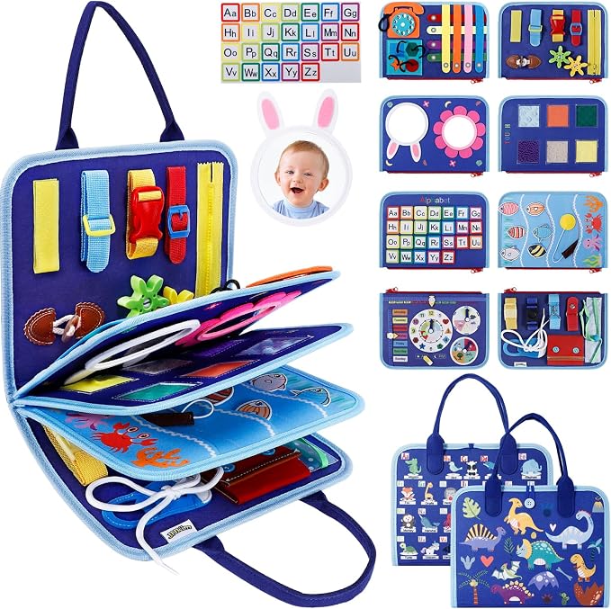 Busy Board Montessori Toys for Boys Girls Gifts, Sensory Toy, Educational Activities Travel Toy for Airplane Car, Busy Book for Learning Fine Motor Skills, Blue
