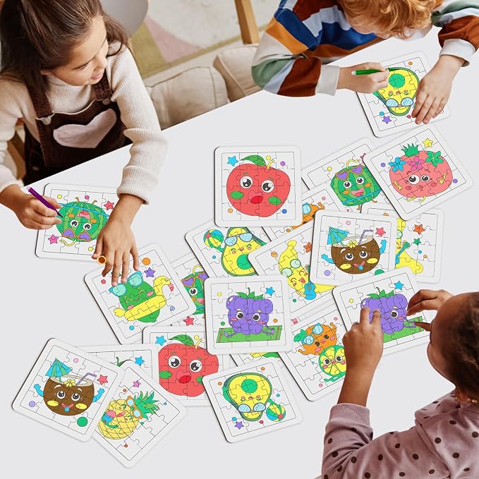 Cinrobiye 24 Pcs Fruit Coloring Puzzle Craft Kit, DIY Tropical Fruit Jigsaw Activity Set with 12 Designs, Summer Craft Party Favors for Group Events, Birthday Decorations, Art & Creative Activities