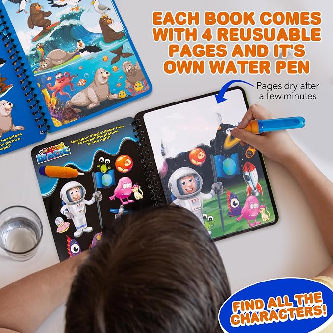 ArtCreativity 4 Pack Magic Water Coloring Books for Toddlers, Reusable Magic Water Pen Coloring Books for Kids - Mess Free Water Art Book for Toddlers - Travel Activity Toys, No-Mess Coloring