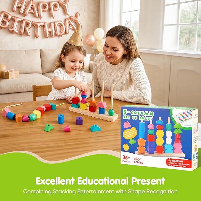 Montessori Wooden Threading Beads Set for Toddlers 3 4 5, Bead Sequencing & Stacking Toy with Pattern Cards, Lacing Beads, Shape Matching Stacker, Fine Motor STEM Learning Gift