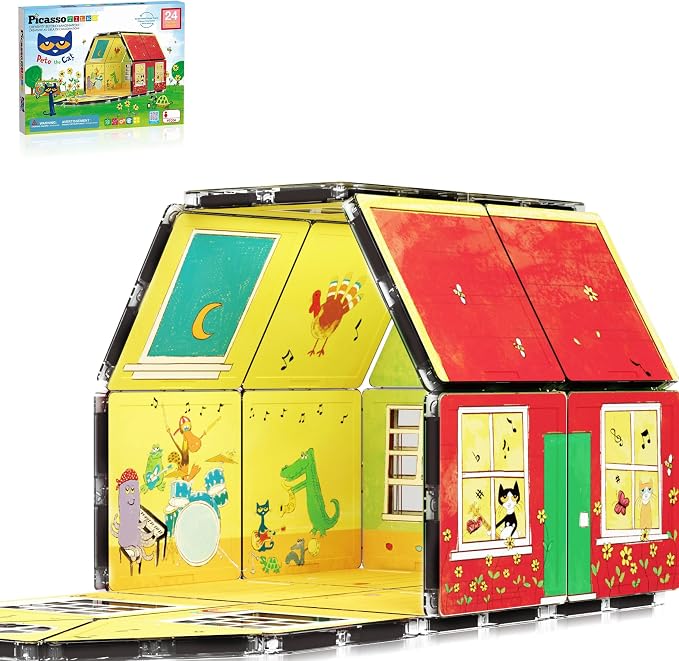 PicassoTiles Magnetic Tiles Pete the Cat Home Theme Building Blocks Double Sided Printing Toddler Magnet Toys Education STEM Learning Kit Construction Brain Development Preschool Kid Game Boy Girl 3+