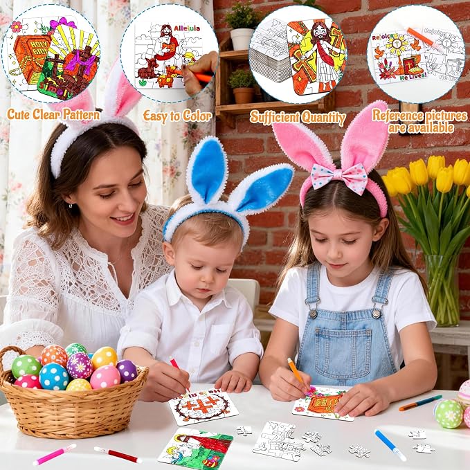 24Pcs Christian Easter Crafts for Kids bulk, Religious Easter Puzzle Activities for Basket Stuffers, Bible Jesus He Lives DIY Arts Jigsaw Kits for Classroom gifts, Spring Party Favors, Coloring Games