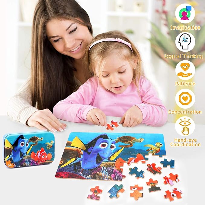 LELEMON Ocean Puzzles for Kids Ages 4-6,Underwater World 60 Piece Puzzles for Kids Ages 4-8,Children Jigsaw Puzzles in a Metal Box,Educational Learning Puzzle Toys for Girls and Boys | Ocean Children Jigsaw Puzzles for Kids Ages 3-5 Kids Puzzles,Educat...