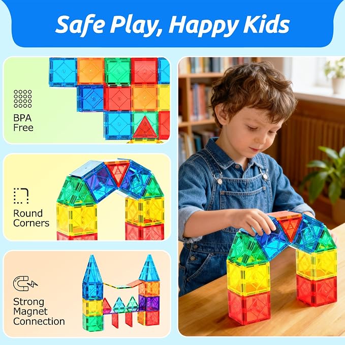 30PC Squares Magnetic Tiles Kids Toys for 3 4 5 6 7 8+ Years Old Boys Girls | Magnetic Building Tiles Magnet Blocks Stacking Toys Birthday Gift for Toddlers STEM Learning Toys Magnet