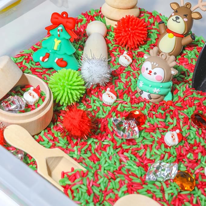Christmas Sensory Bin Kit for Kids | Christmas Theme Red & Green Rice, Xmas Accessories, Santa Claus & Wooden Tools – Includes Clear Storage Bin