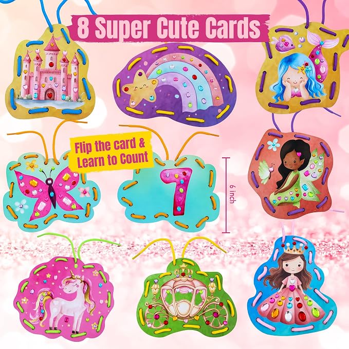 Lacing Cards for Kids Ages 3-5 - 8 Princess Sewing Cards, Toddler Toy