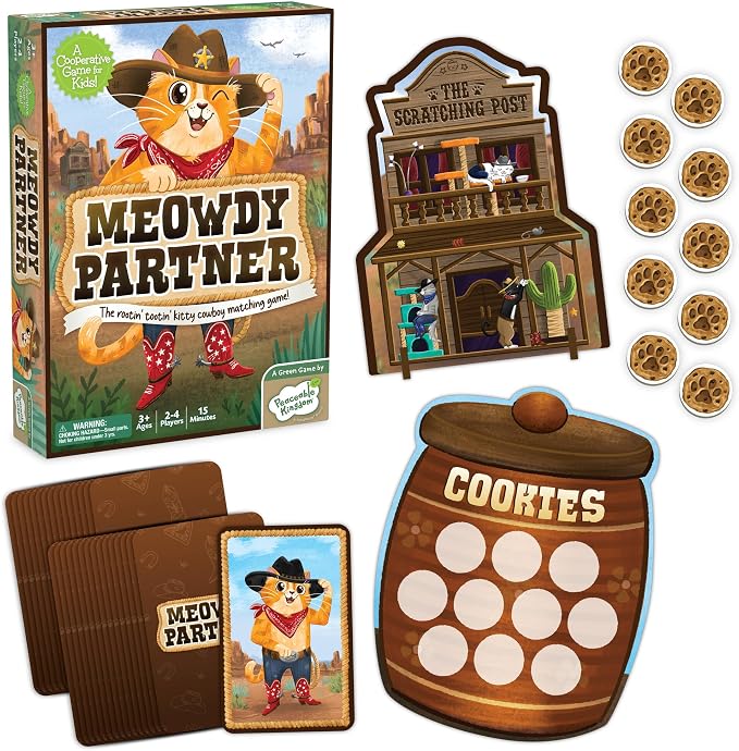 Peaceable Kingdom Meowdy Partner Cooperative Matching Game | A cooperative game where players team up to win together. Includes 27 cowboy cat cards and 1 scratching post. Ages 3+.