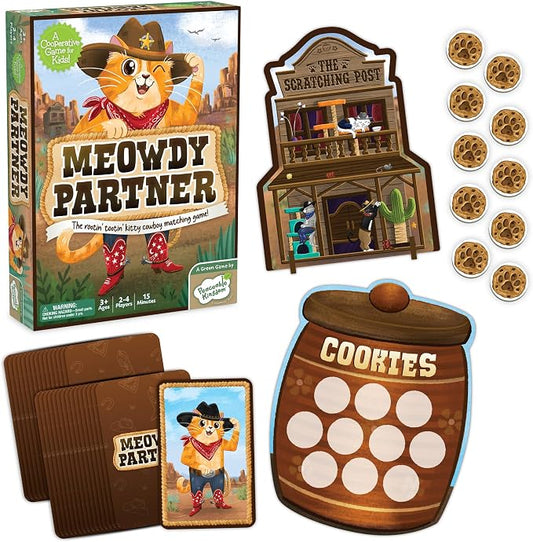 Peaceable Kingdom Meowdy Partner Cooperative Matching Game | A cooperative game where players team up to win together. Includes 27 cowboy cat cards and 1 scratching post. Ages 3+.