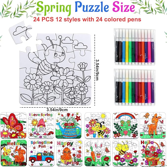 24Pcs Spring Arts and Crafts for Kids & Adults Bulk, Spring DIY Craft Puzzle Kit with Flower Butterfly Bee Bunny, Easter Activities Jigsaw for Classroom Party Favors April Gift Break Projects Supplies