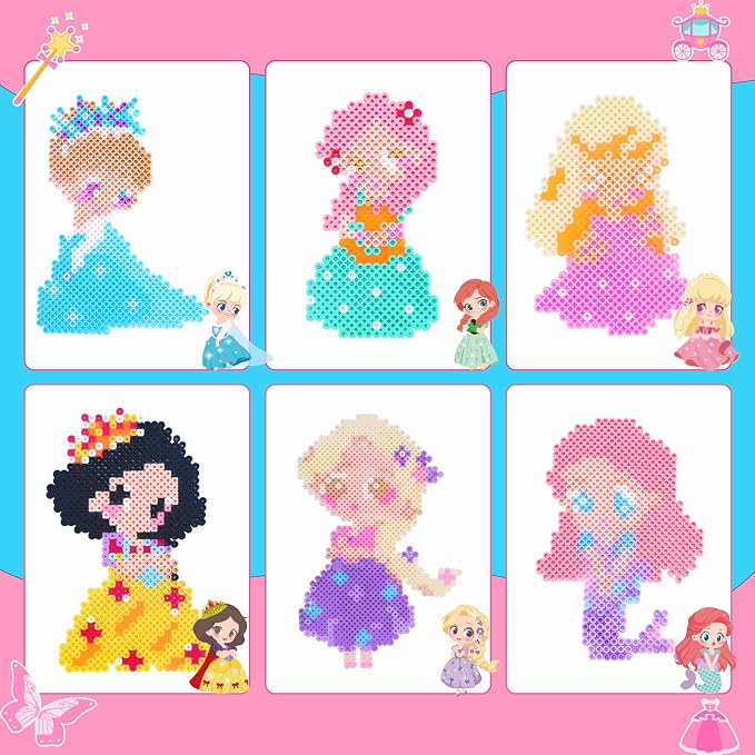 Meland Fuse Beads Kit, 5MM 4800 Princess Rainbow Beads for Girls Ages 5-12 | Includes 3 pegboards and craft accessories for colorful patterns, keychains and screen-free creative projects