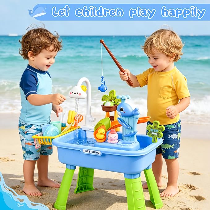 Upgraded 4-in-1 Sand Water Table for Toddlers 1-3, Kids Sensory Table with Electric Water Pump & Cloud Faucet, Play Kitchen Sink with Food Accessories, Fishing Toy ‒ Adjustable Height (Blue)