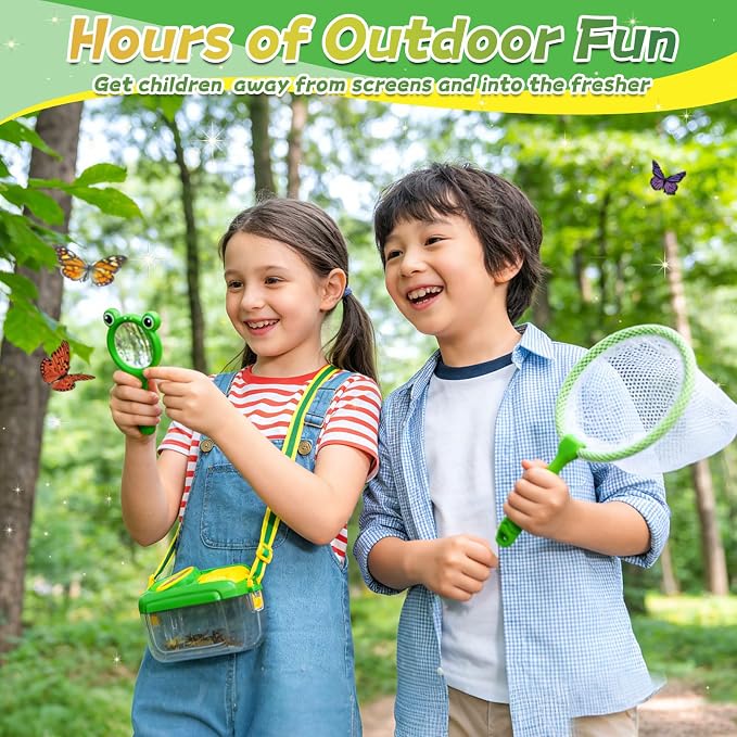 YongnKids 28 Pcs Bug Catcher for Kids with Butterfly Net for Kid Age 3 4-8 | Bug Catching Kit Outdoor Explorer Kit with Magnifying Glass Insect Catcher Tweezers, Insects & Insect Cognition Cards