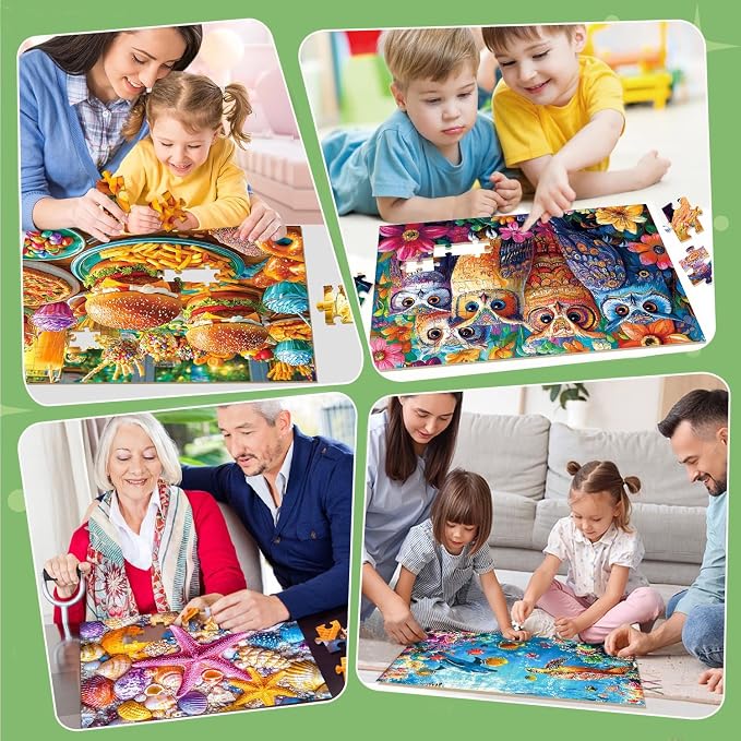 4 Packs 100 Piece Puzzles for Kids Ages 4-6, Jigsaw Puzzles for Kids Ages 6-8 8-10 Sea World, Owls, Hamburger, Starfish Learning Educational Toys for Boys and Girls