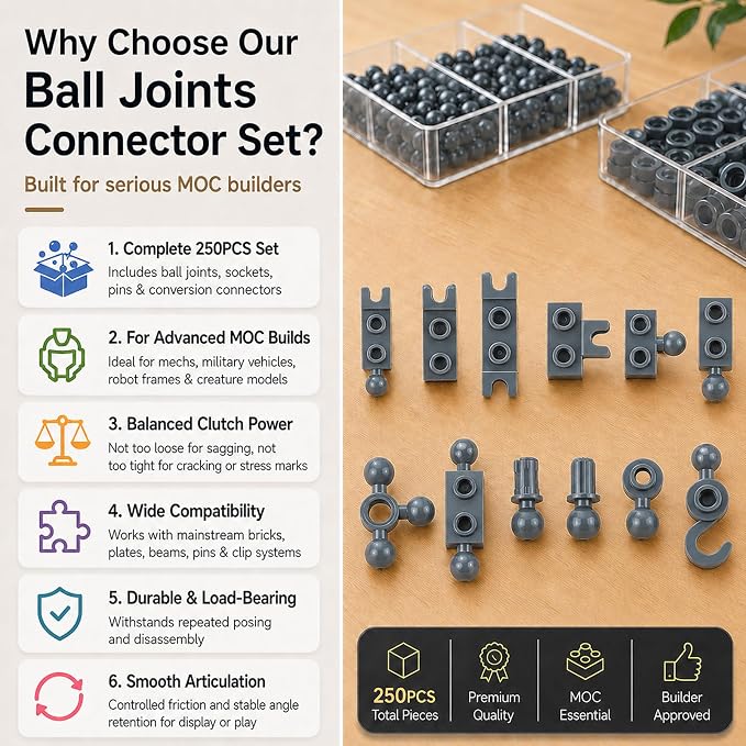 Connector Ball Joints Socket Plate - 250pcs Bricks Bulk Parts and Pieces, 1x1 1x2 Tow Ball and Ball Socket Building Block Dark Gray