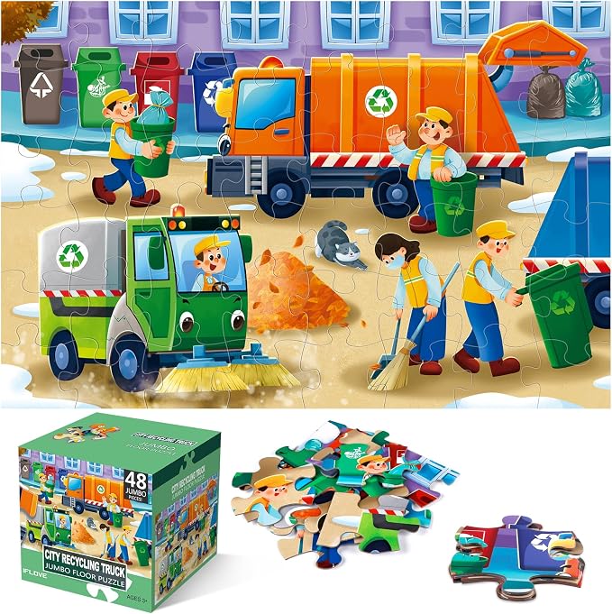 Jumbo Floor Puzzle for Kids,48 Piece Garbage Truck Jigsaw Puzzle Ages 3-8 | Recycling Trash Truck Vehicle,Extra-thick Cardboard,35x24 in Completed,Preschool Learning Toy Gift for Boys and Girls