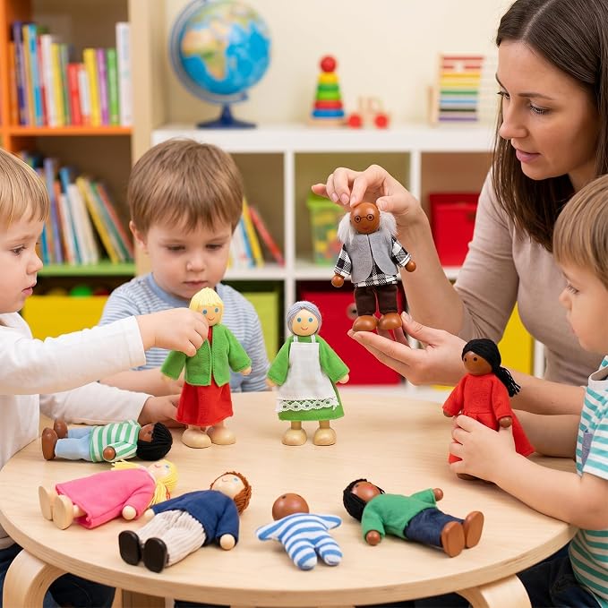 14 Pcs Wooden Dollhouse People Figures, Poseable Wooden Dolls for Girls and Toddlers, Multicultural Pretend Play Toy
