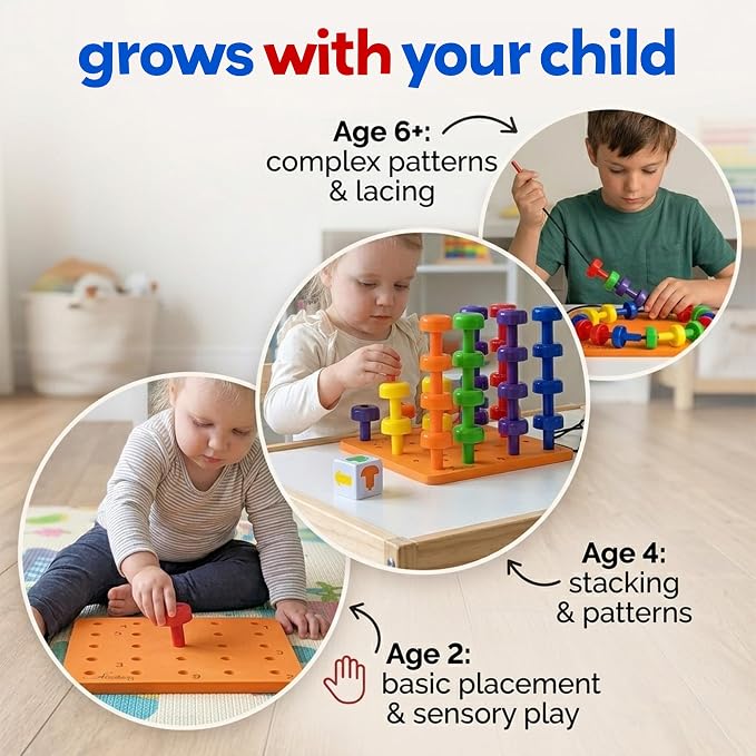Montessori Sensory Pegboard, 33 Pc, STEM Learning, Ages 2+ | Occupational Therapy STEM Learning Educational Toys for Kids 2+ Includes Foam Board, Lacing String, Dice, Storage Bag, eBook