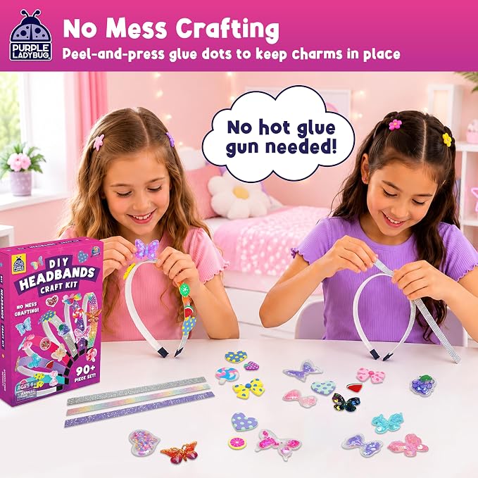 Glamour Headband Making Kit for Girls Ages 5+, Mess-Free Playdate Activity | DIY Craft Kit with 6 Satin Headbands for Girls, Easy to Make, Screen-Free Activity, Birthday Gifts for 5 Years Old Girls